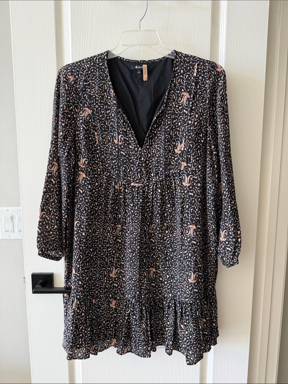 Madewell Black and Blush Printed Silk Pullover V-Neck Mini Dress